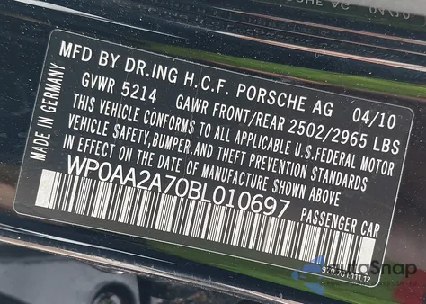 2011 Porsche Panamera 4 из США, поврежденный, VIN WP0AA2A70BL010697